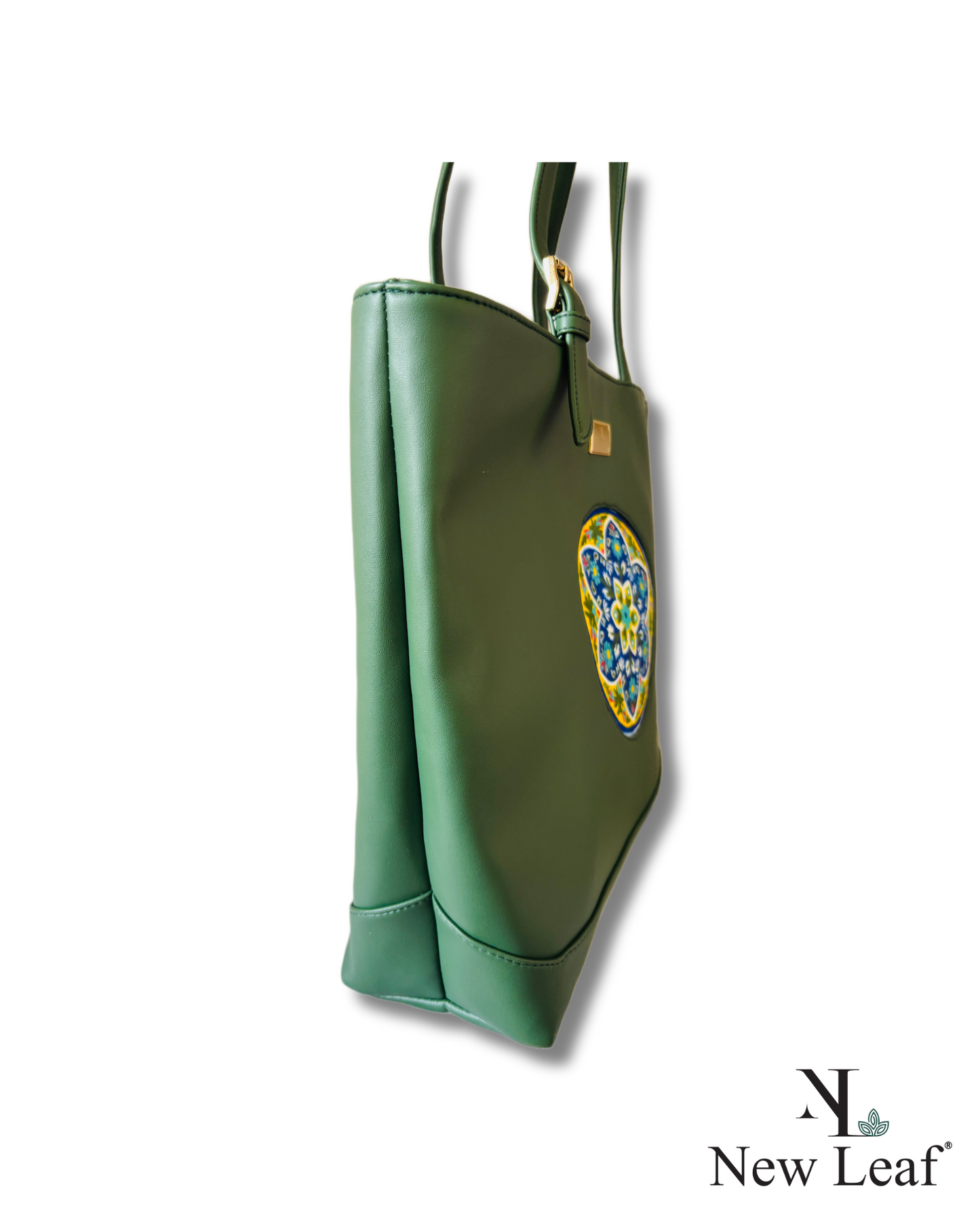 Green Hand Painted Blue Pottery Tote Bag