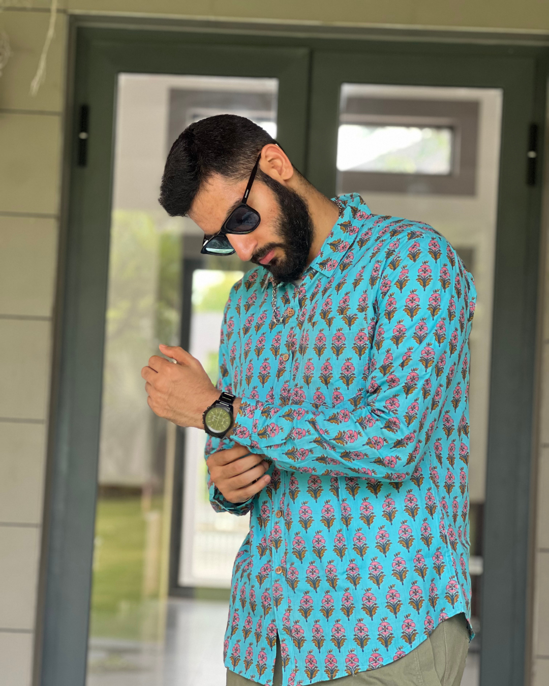 Blue Floral Motif Unisex Full Sleeves Shirt