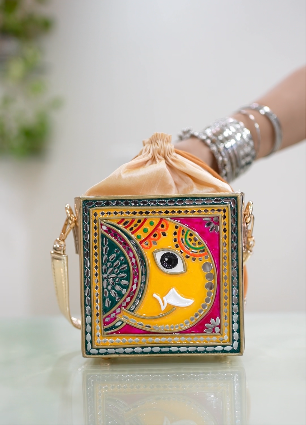 GanpatiJi Lippan Art Handcrafted Potli Square Bag