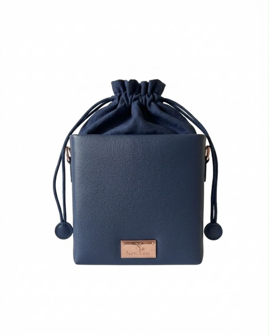 New Leaf Navy Blue Square Potli Sling – Plain Handcrafted Bag