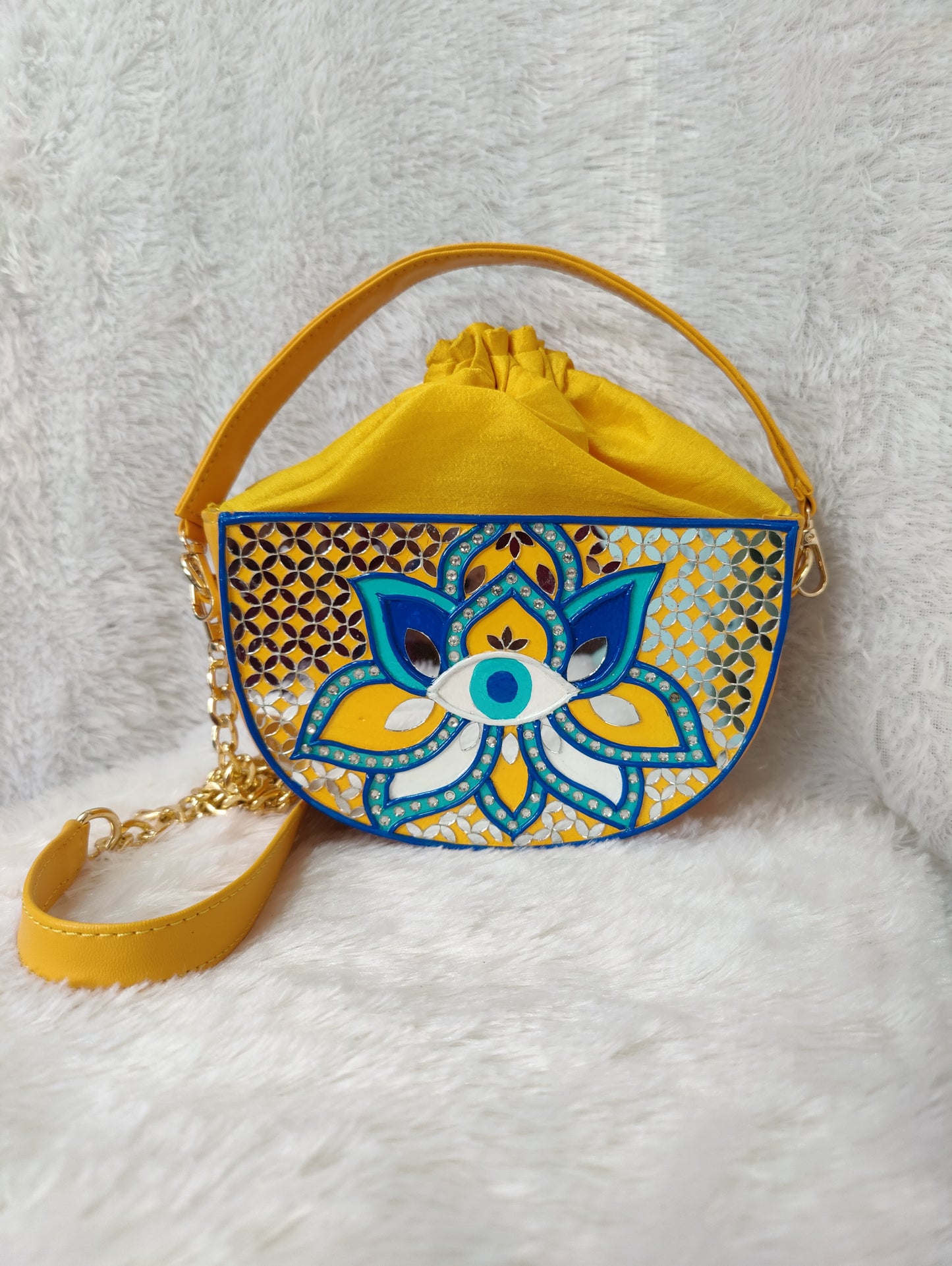 Evil Eye Semi Circle Lippan Art Handcrafted Potli Bag with Sling