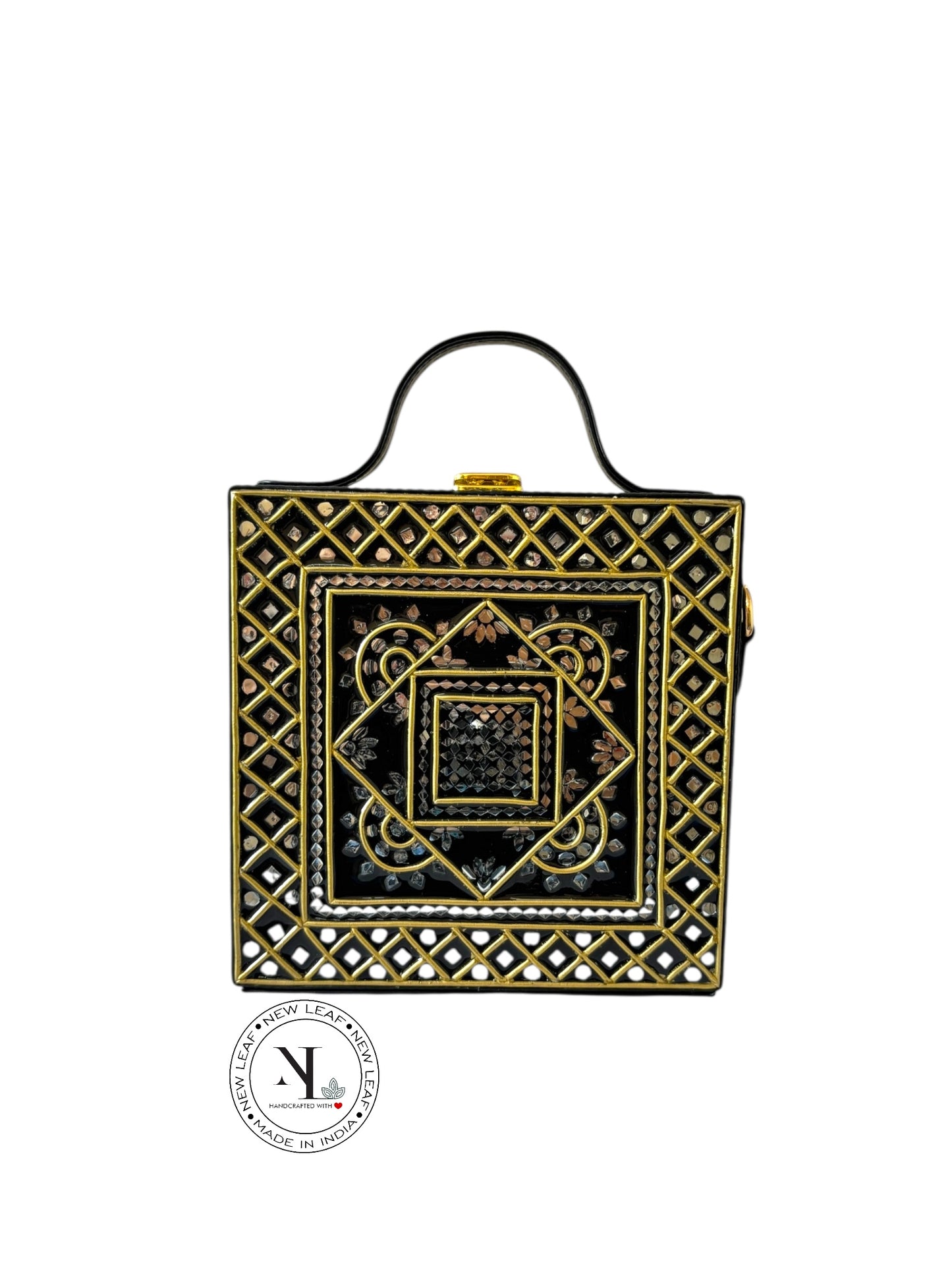 Geometric Black Gold  Lippan Art Handcrafted Box Bag