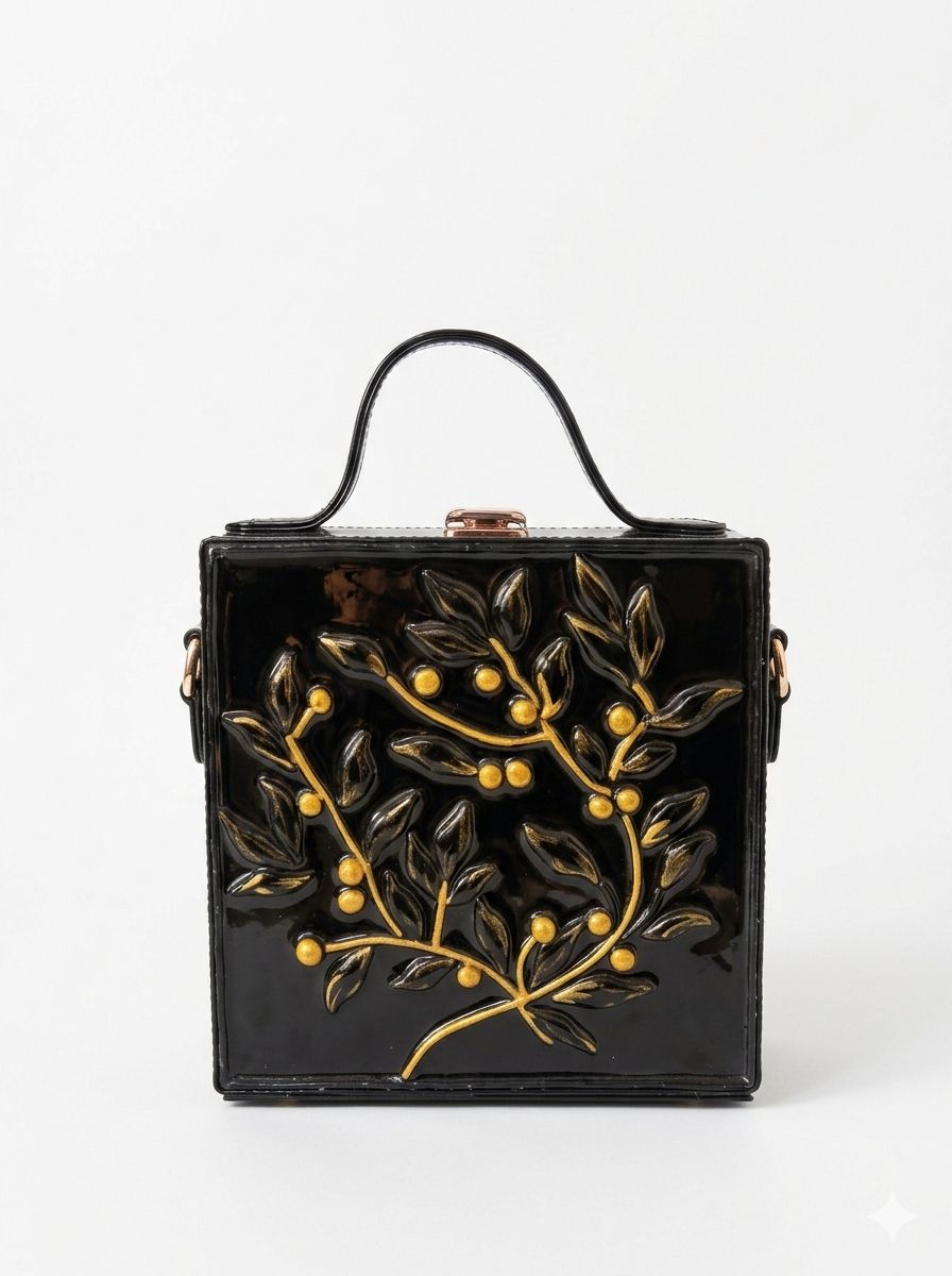 Black & Golden Leaf Square Lippan Art Handcrafted Box Bag