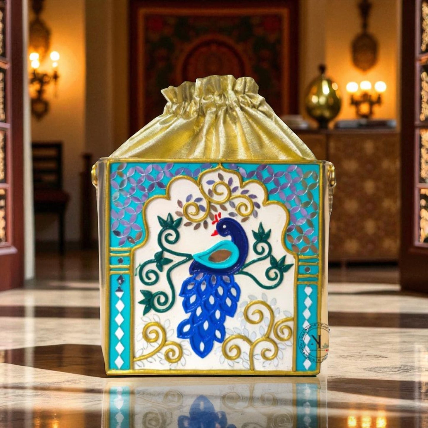Peacock Lippan Art Box Bag with Potli and Sling