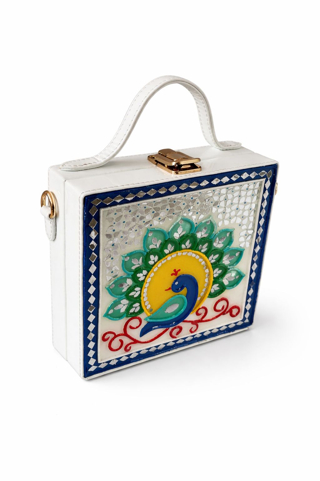 Peacock Charm Square Box Lippan Art Bag
