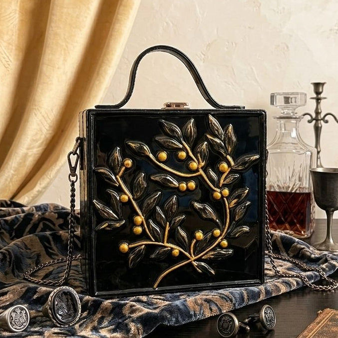 Black & Golden Leaf Square Lippan Art Handcrafted Box Bag