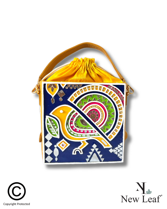 Yellow Bird Lippan Art Handcrafted Square Potli Bag