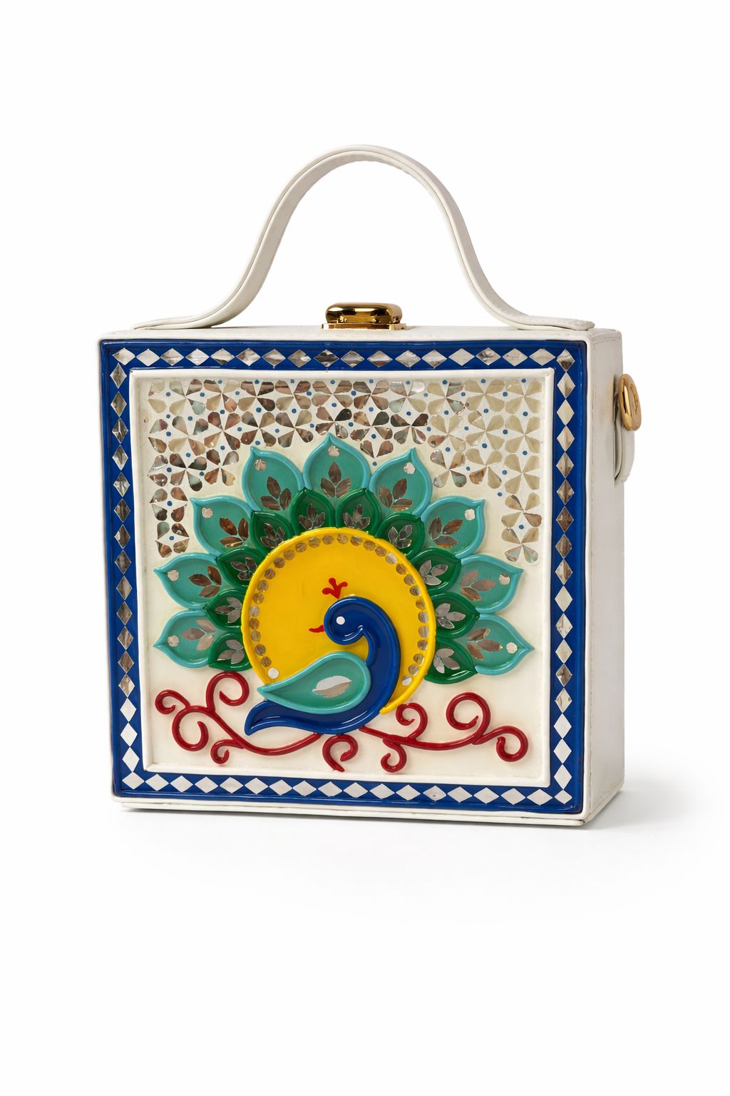 Peacock Charm Square Box Lippan Art Bag
