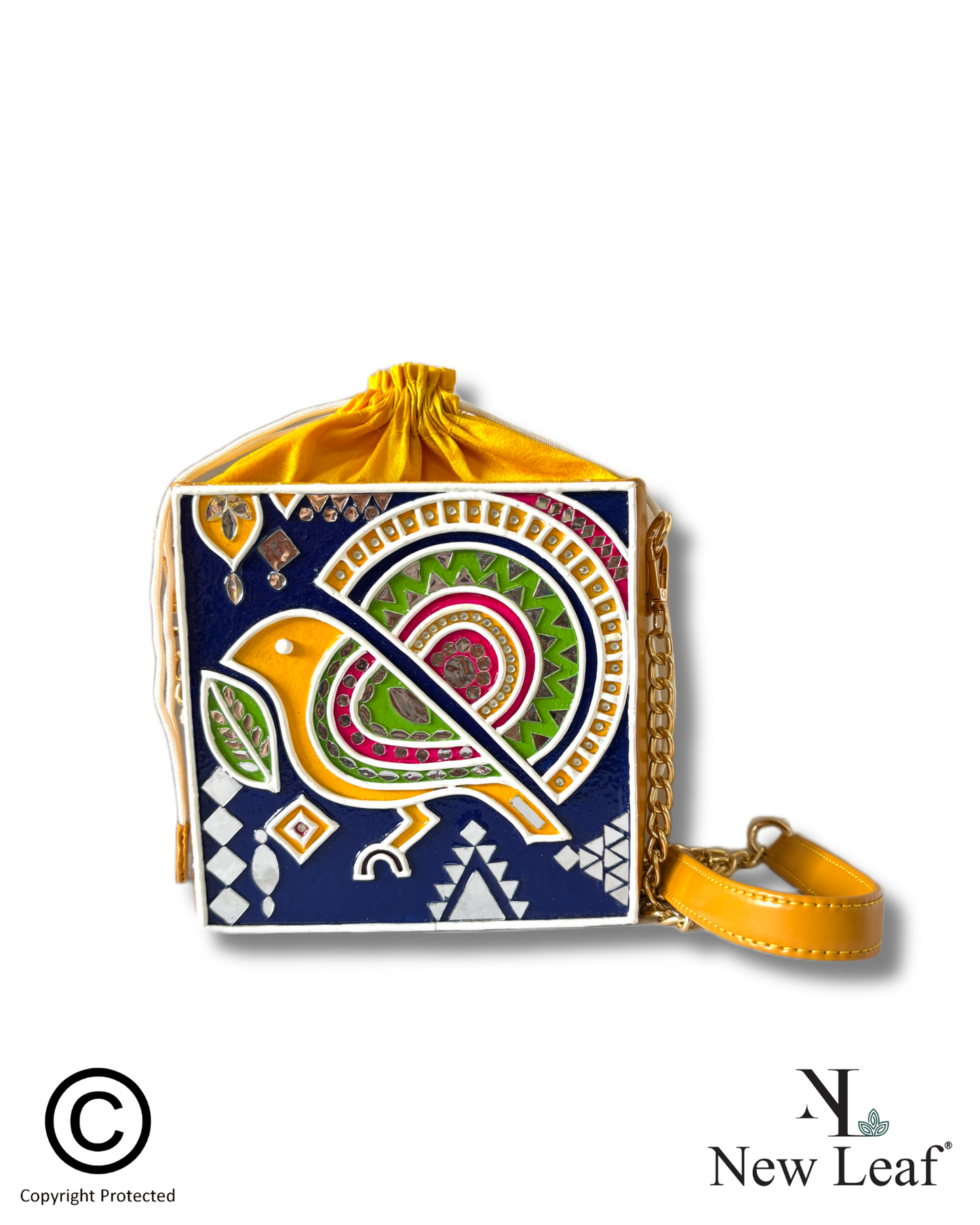 Yellow Bird Lippan Art Handcrafted Square Potli Bag