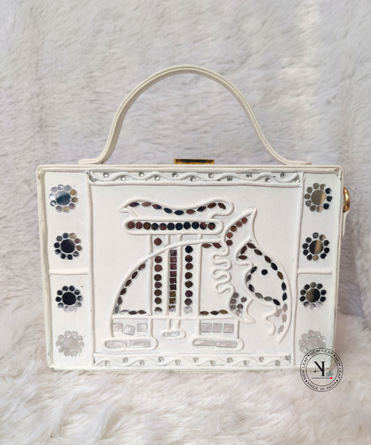 Elephant White Lippan Art Handcrafted Rectangle Box Bag