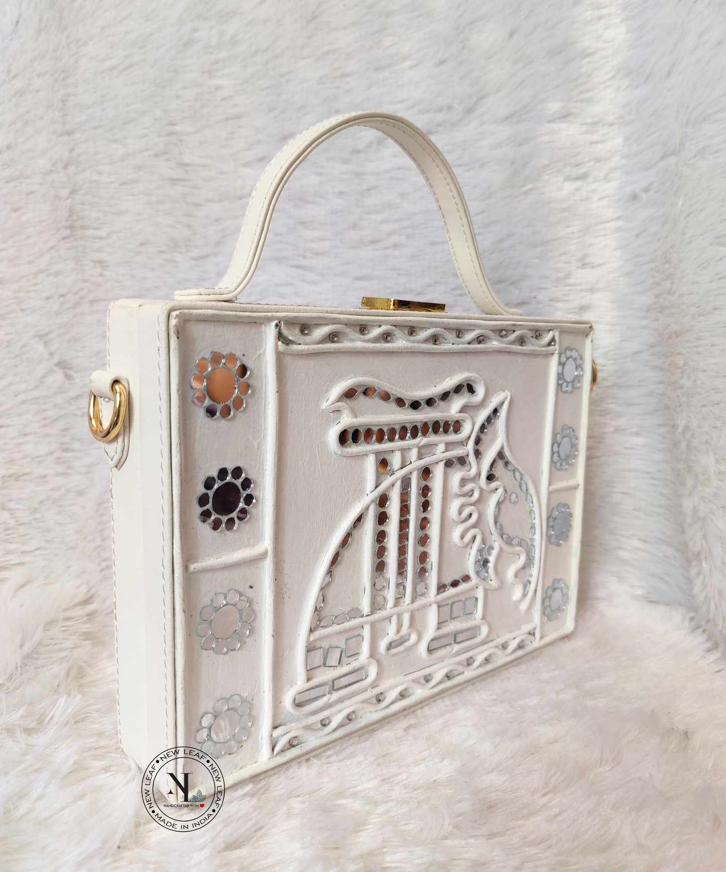 Elephant White Lippan Art Handcrafted Rectangle Box Bag