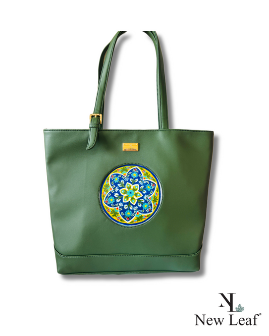 Green Hand Painted Blue Pottery Tote Bag