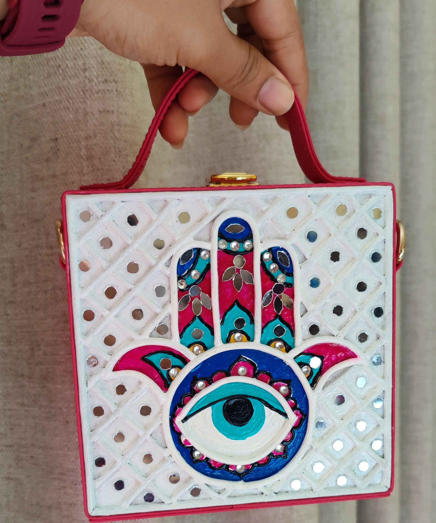 Mini Hamsa Lippan Art Handcrafted Square Box Bag