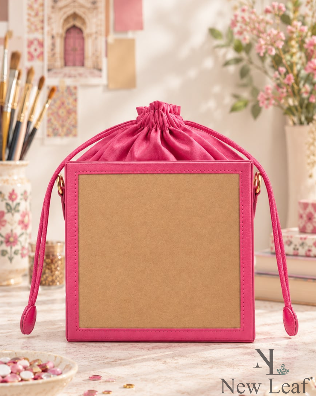 New Leaf Pink Square Potli Sling – Plain Handcrafted Bag