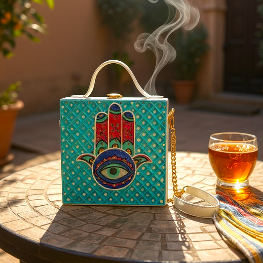 Hamsa Square Lippan Art Handcrafted Box Bag
