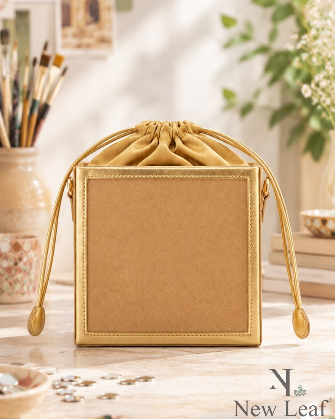New Leaf Golden Square Potli Sling – Plain Handcrafted Bag