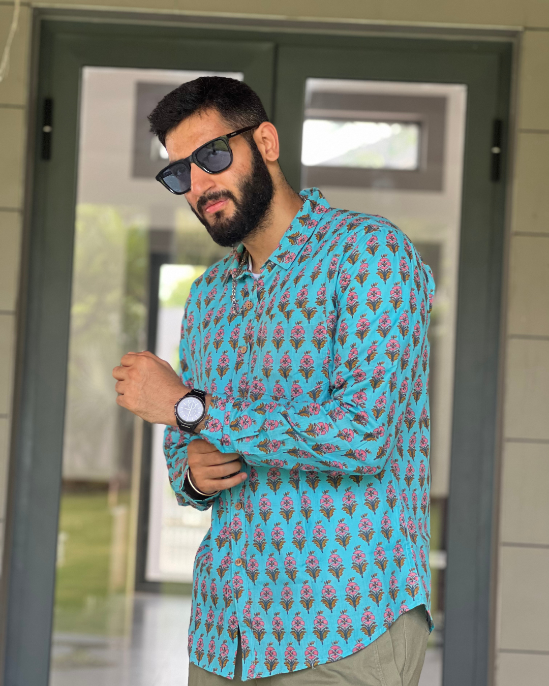 Blue Floral Motif Unisex Full Sleeves Shirt