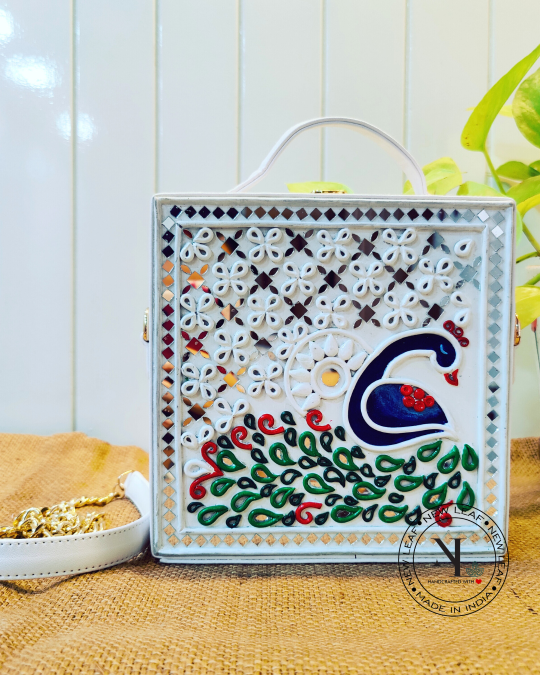 Peacock Lippan Art Handcrafted Square Box Bag