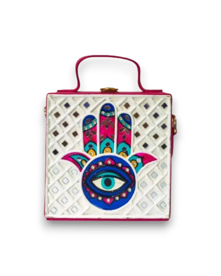 Mini Hamsa Lippan Art Handcrafted Square Box Bag
