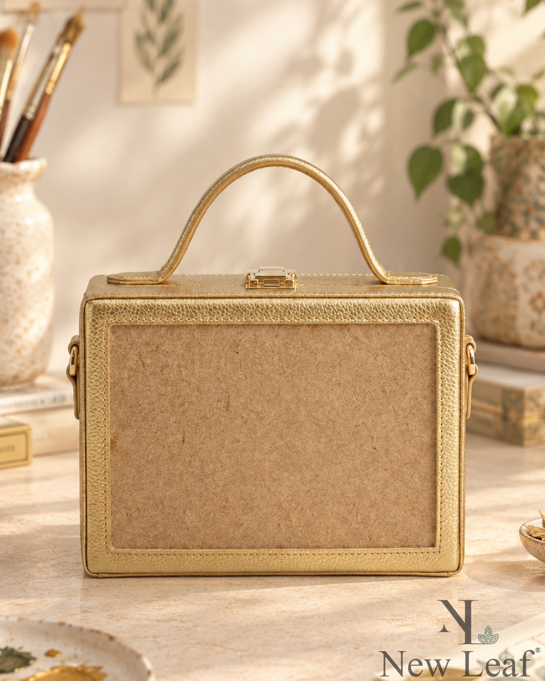New Leaf Golden Rectangle Box Sling – Plain Handcrafted Bag
