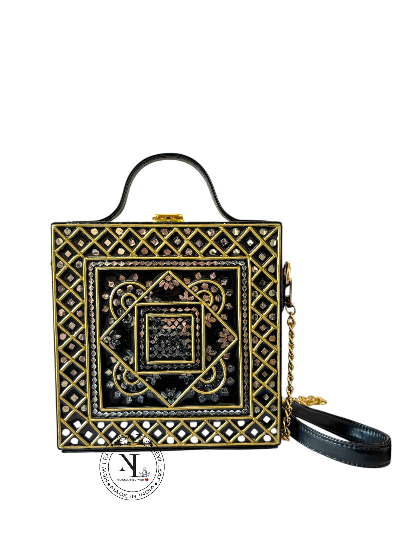 Geometric Black Gold  Lippan Art Handcrafted Box Bag