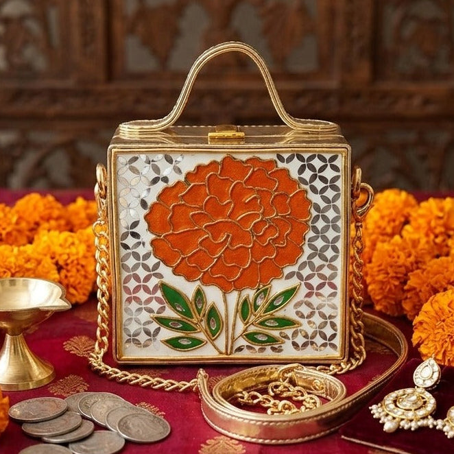 Mini Marigold Lippan Art Handcrafted Square Box Bag