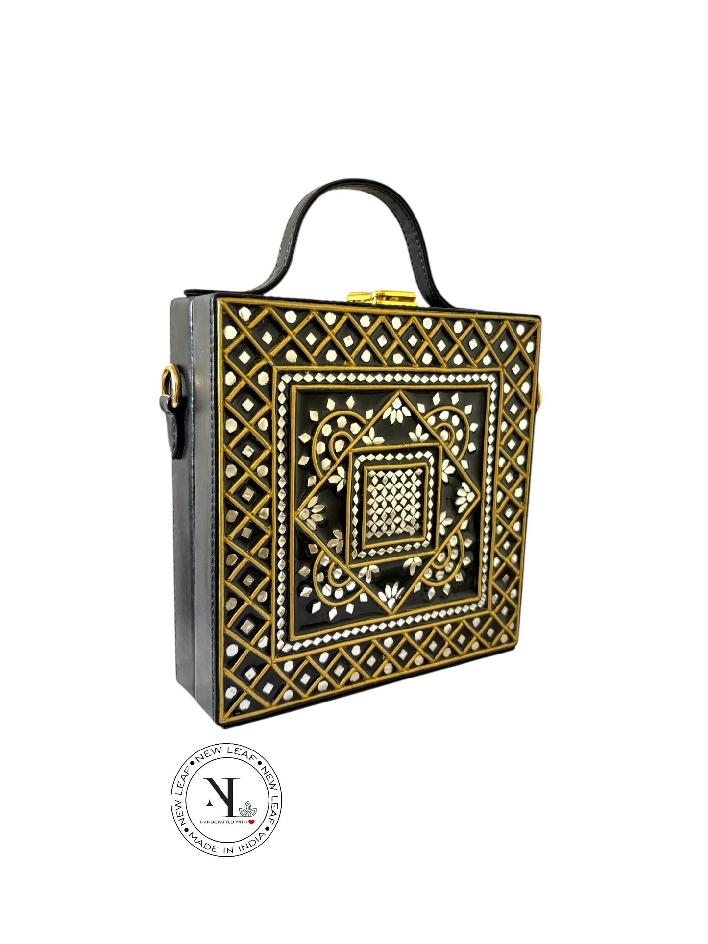 Geometric Black Gold  Lippan Art Handcrafted Box Bag
