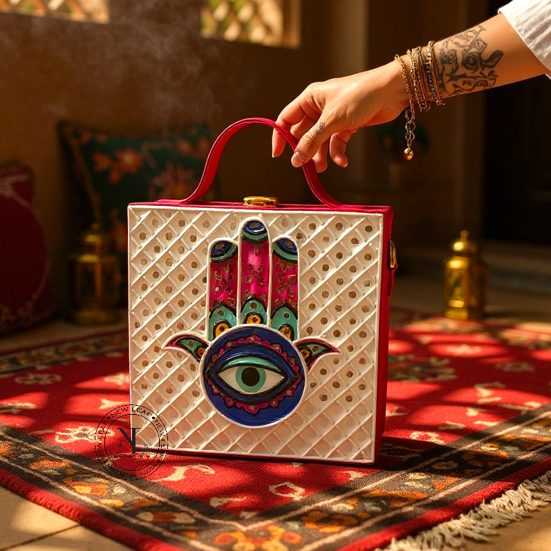 Hamsa Square Lippan Art Handcrafted Box Bag