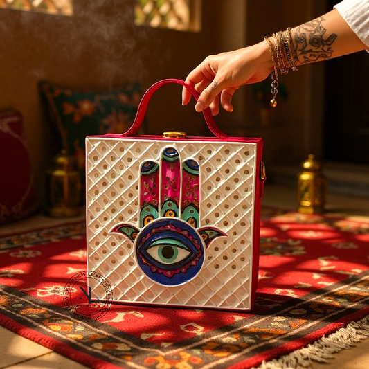 Hamsa Square Lippan Art Handcrafted Box Bag