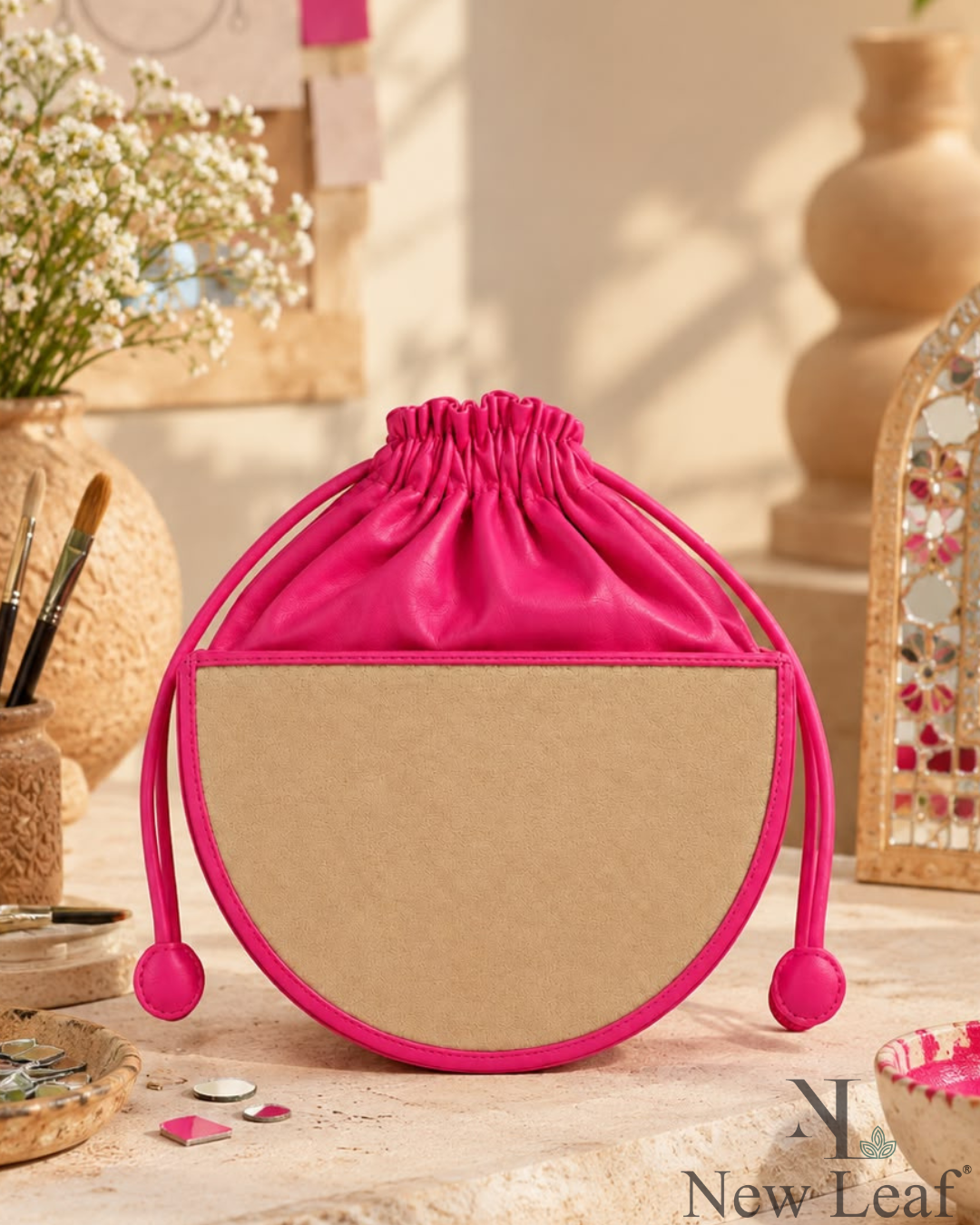 New Leaf Pink Semi-Circle Potli Sling – Plain Handcrafted Bag
