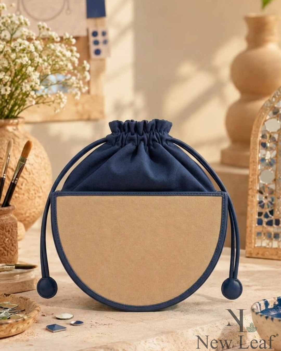 New Leaf Navy Blue Semi-Circle Potli Sling – Plain Handcrafted Bag