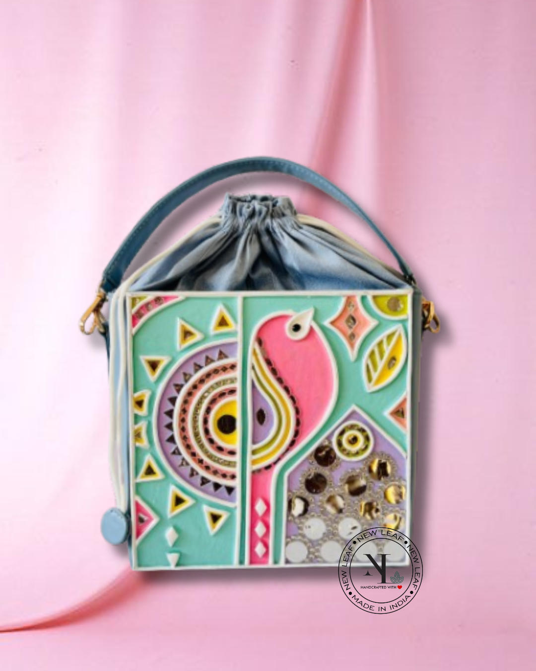 Pastel Peacock Lippan Art Medium Potli Handcrafted Sling Bag