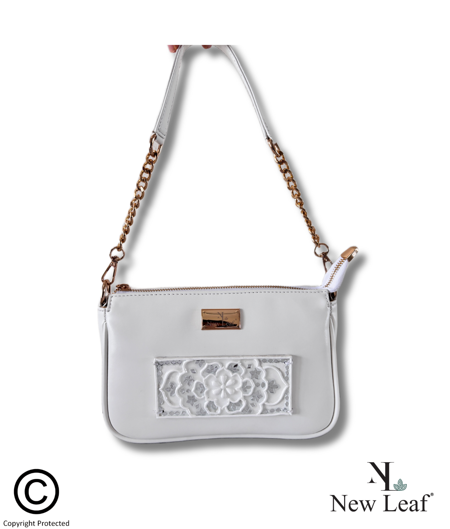 White Charm Lippan Art Handcrafted Baguette Bag/Sling