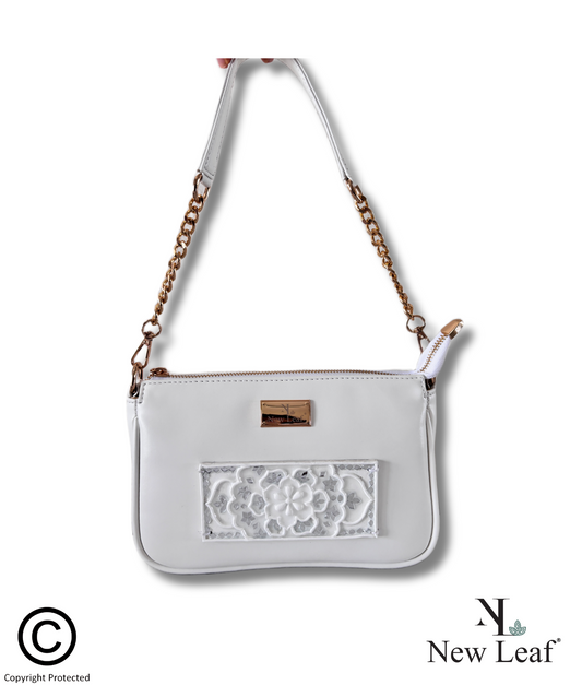 White Charm Lippan Art Handcrafted Baguette Bag/Sling