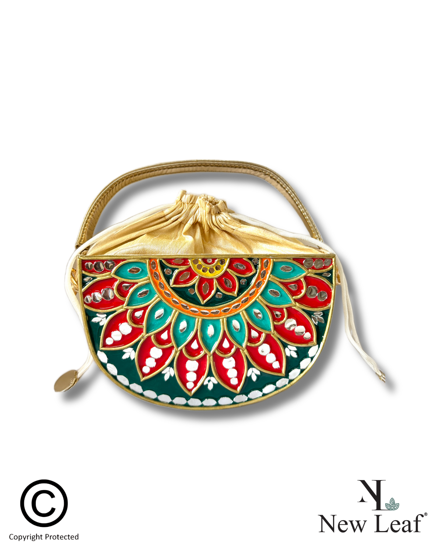 Green Festive Charm Semi  Circle Lippan Art Handcrafted Potli Bag with Sling