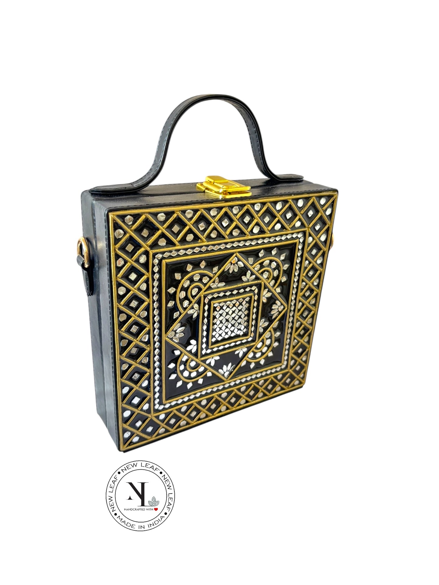 Geometric Black Gold  Lippan Art Handcrafted Box Bag