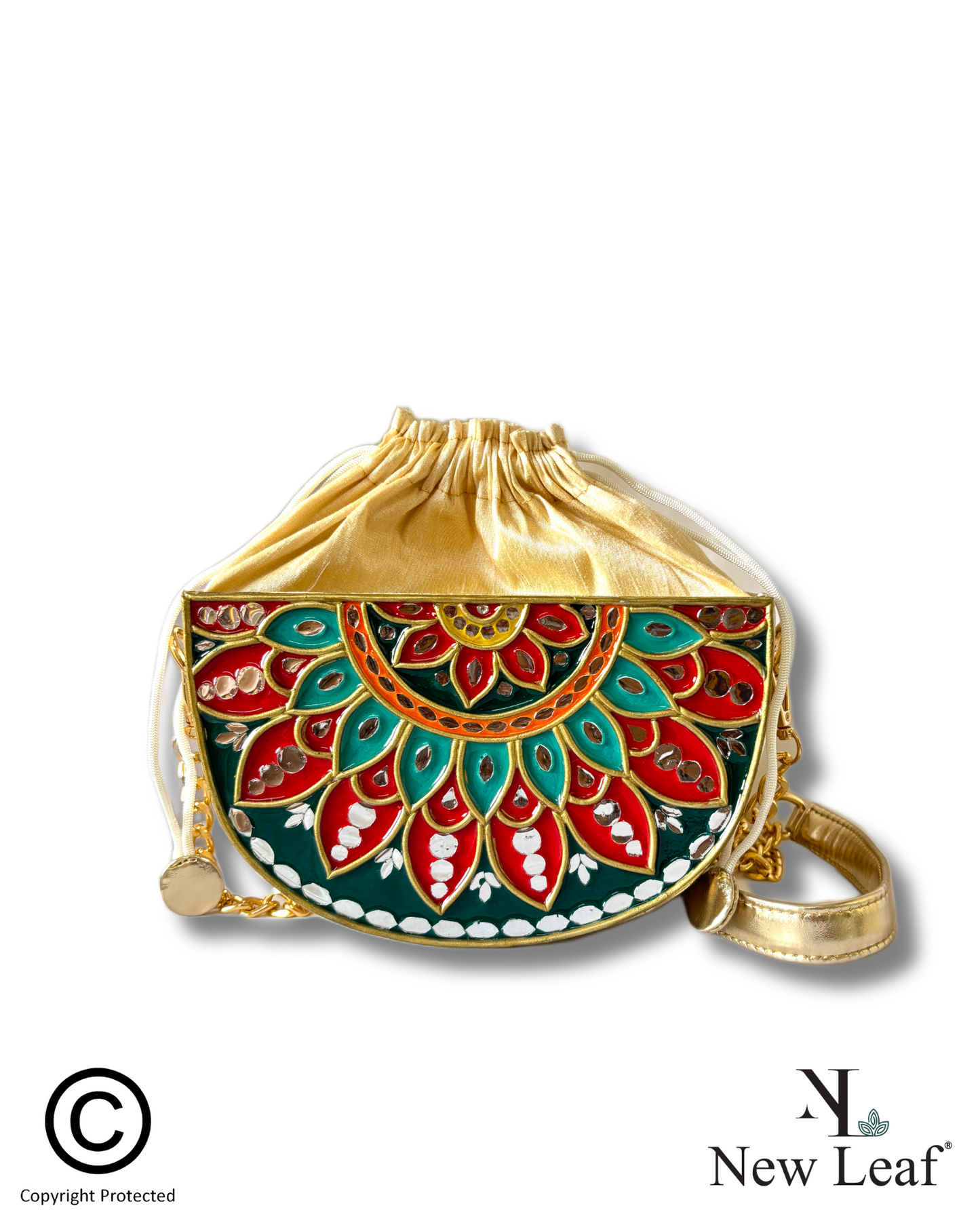 Green Festive Charm Semi  Circle Lippan Art Handcrafted Potli Bag with Sling