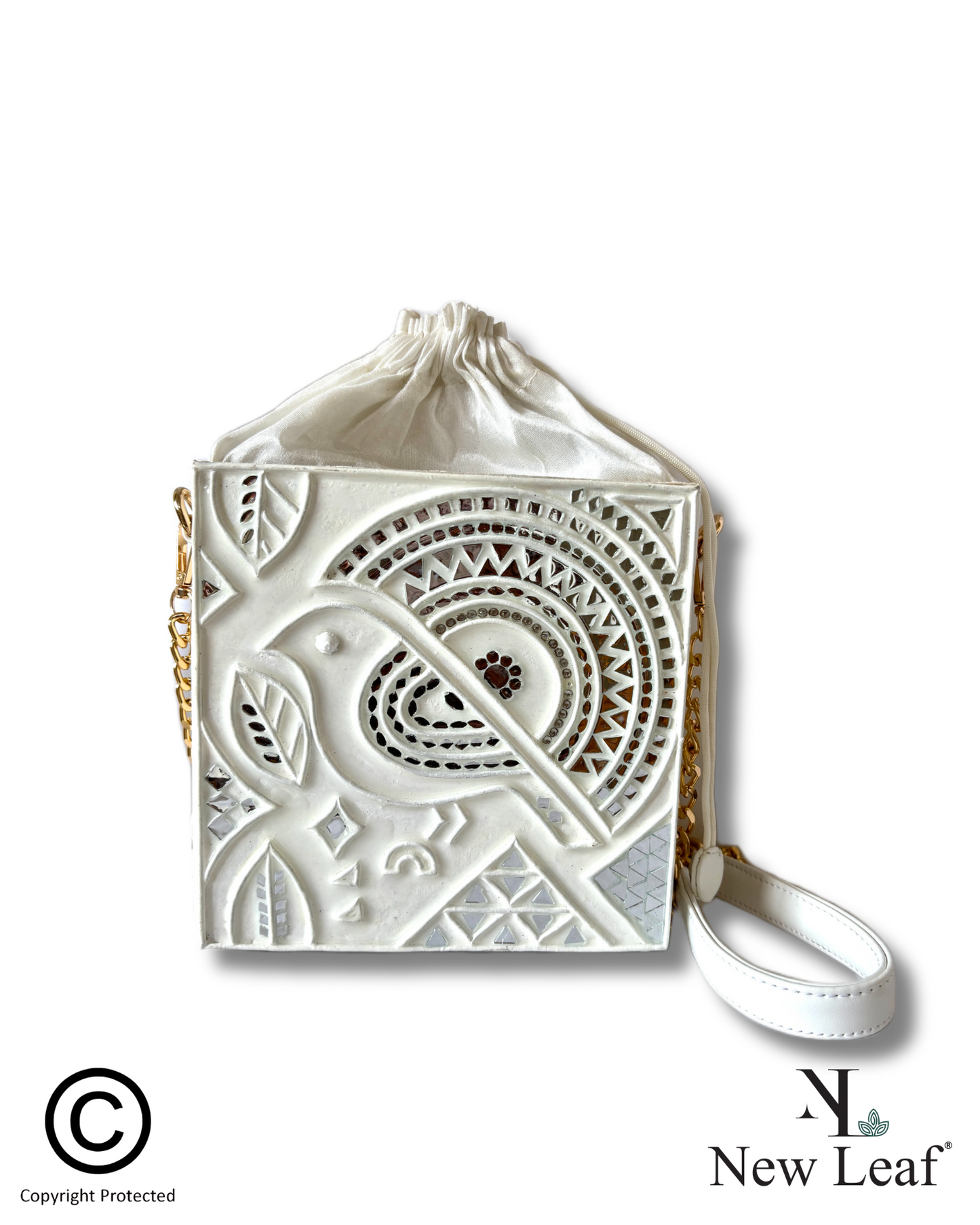 White Bird Lippan Art Handcrafted Potli Bag