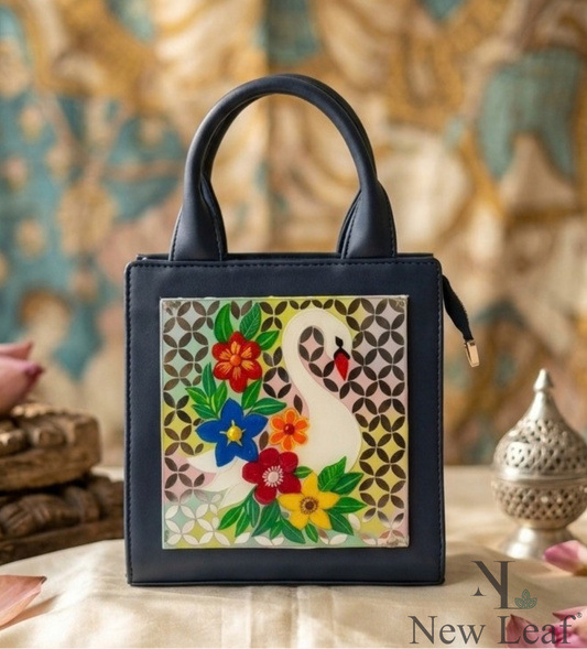 Floral Swan Handcrafted Lippan Art Handbag/ Sling
