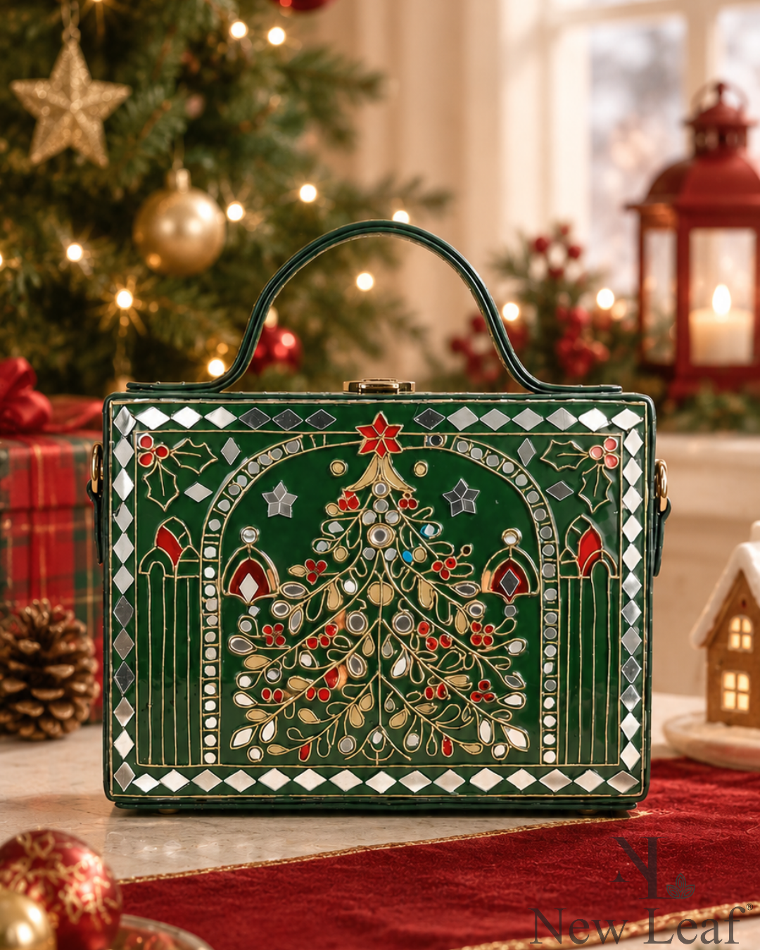 Christmas Tree Charm Handcrafted Lippan Art Box Bag