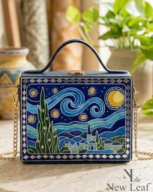 Starry Night Handcrafted Lippan Art Rectangle Box Sling Bag