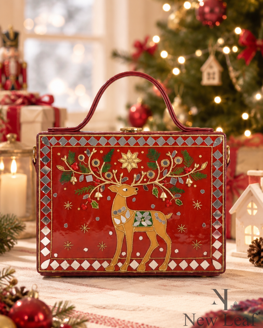Rudolph Reindeer Handcrafted Lippan Art Box Bag