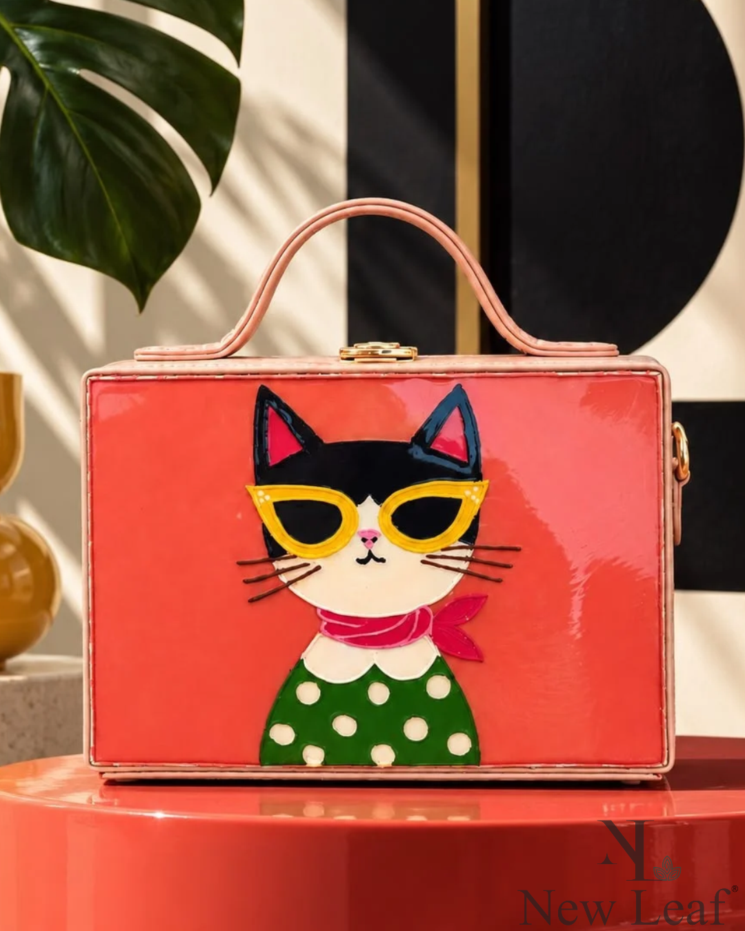 Retro Cat Handcrafted Lippan Art Rectangle Box Sling Bag