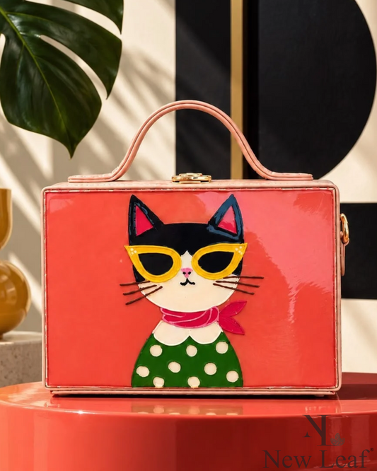 Retro Cat Handcrafted Lippan Art Rectangle Box Sling Bag
