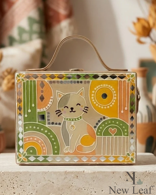 Pastel Cat Charm Handcrafted Lippan Art Rectangle Box Sling Bag