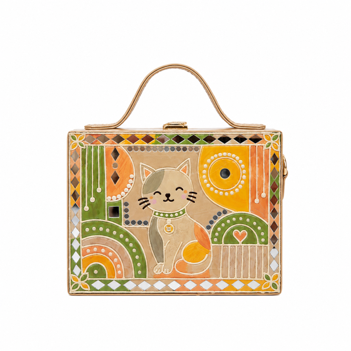 Pastel Cat Charm Handcrafted Lippan Art Rectangle Box Sling Bag