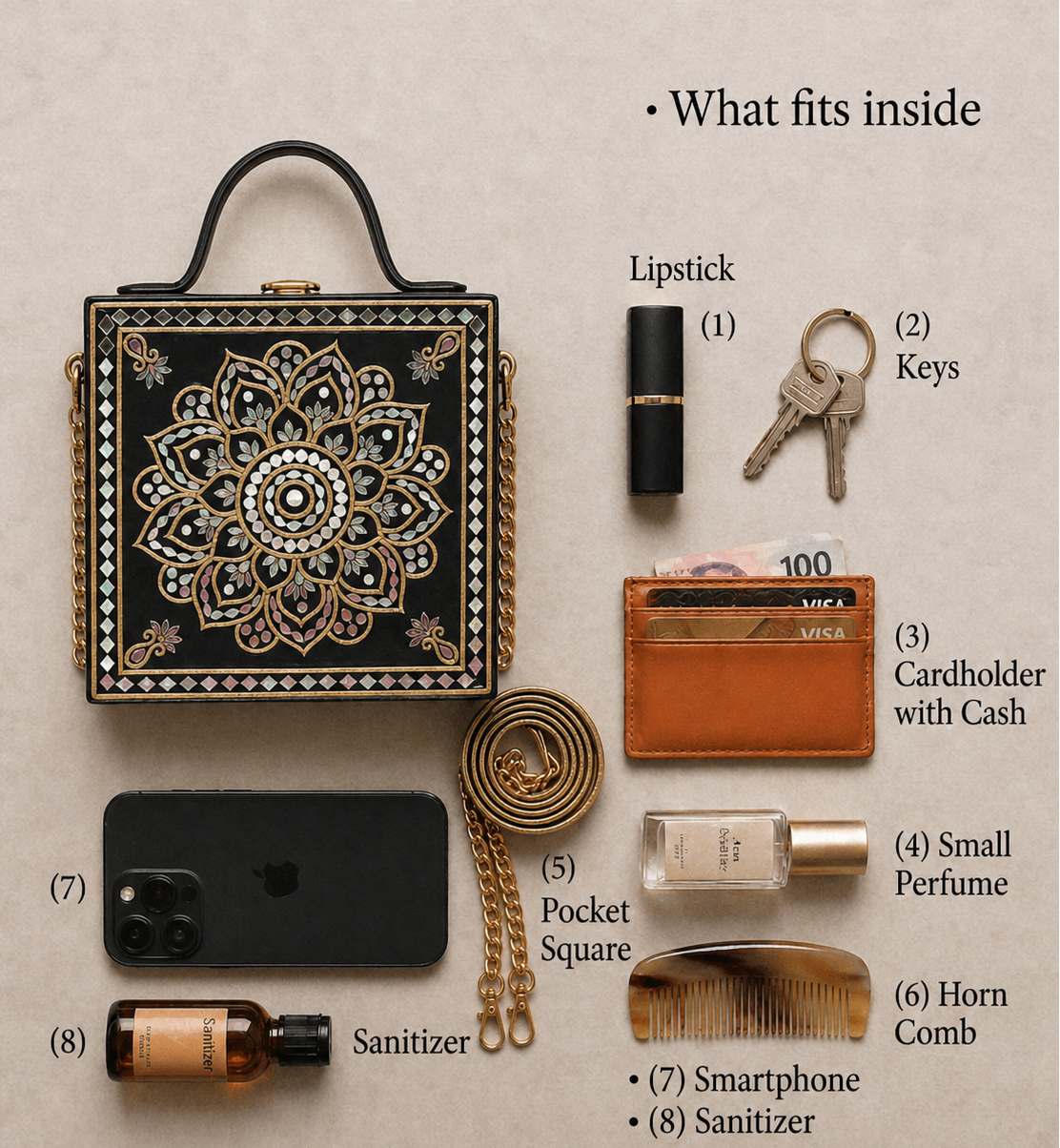 Mandala Black Gold  Lippan Art Handcrafted Box Bag