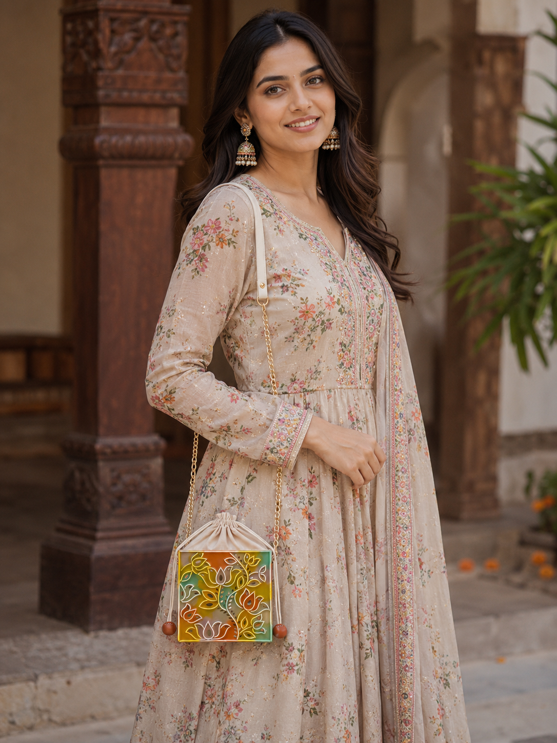 Lotus Reverie Lippan Art Medium Potli Sling Bag