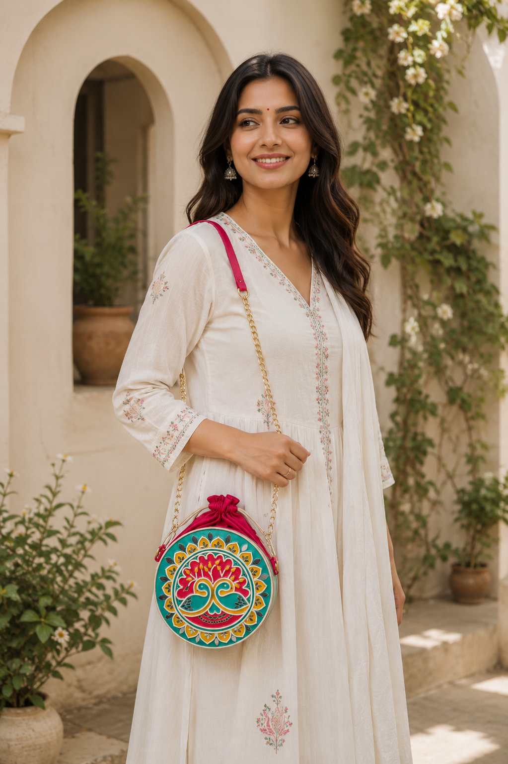 Peacock Bloom Lippan Art Handcrafted Circle Potli Bag