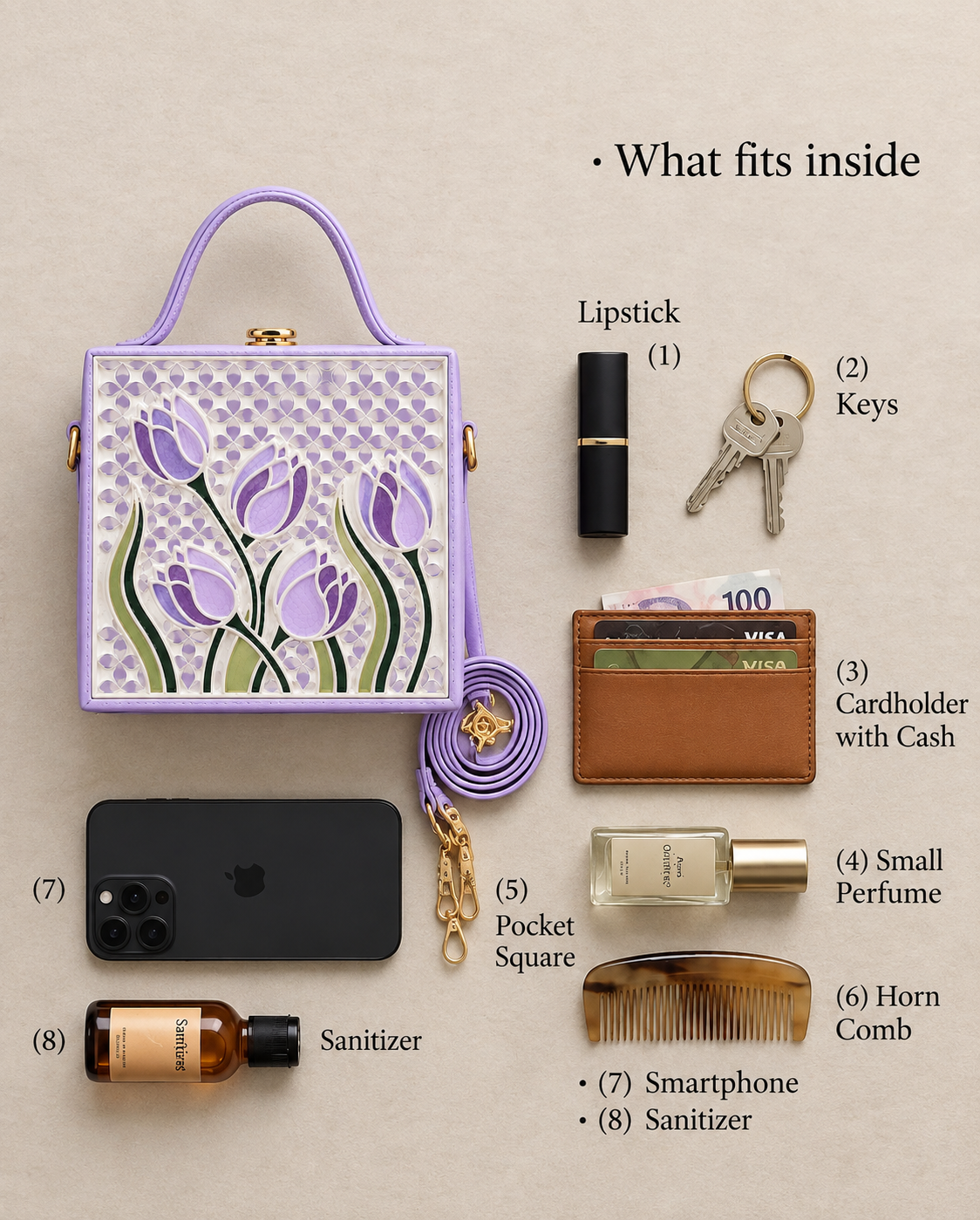 Lilac Tulip Blossom Handcrafted Lippan Art Box Bag